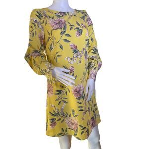 Ann Taylor Loft Long Sleeve Shift Dress Women’s 4 Yellow Floral Boat Neck Career